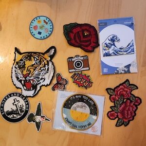 Assorted Embroidered Iron-On Patches - Tiger, Roses, Wave, Camera, Hummingbird
